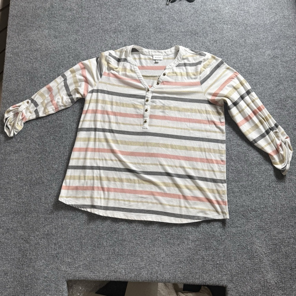 Avenue Women's Plus Size Striped Henley Top Roll-Tab 3/4 Sleeve V-Neck Blouse⁠